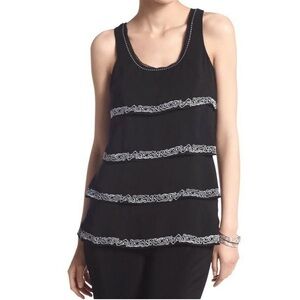 White House Black Market Black Tiered Tank Top with White Embroidery Ruffle XS
